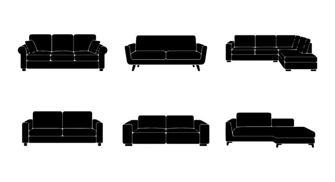 Modern sofa silhouette set, 6 black couch icons, minimalist living room furniture vector