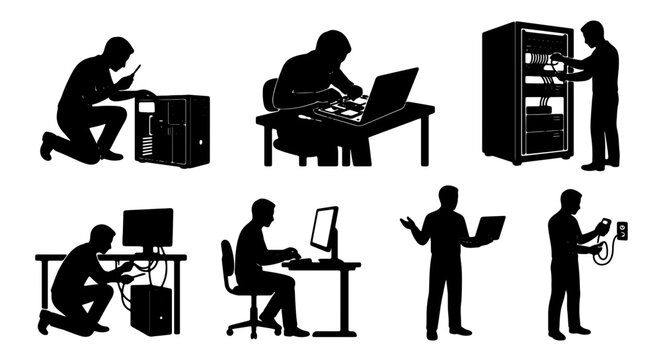 IT Support Icons, Computer Technician Silhouettes, Network Server Setup, Data Center Maintenance, Technology Troubleshooting Graphics