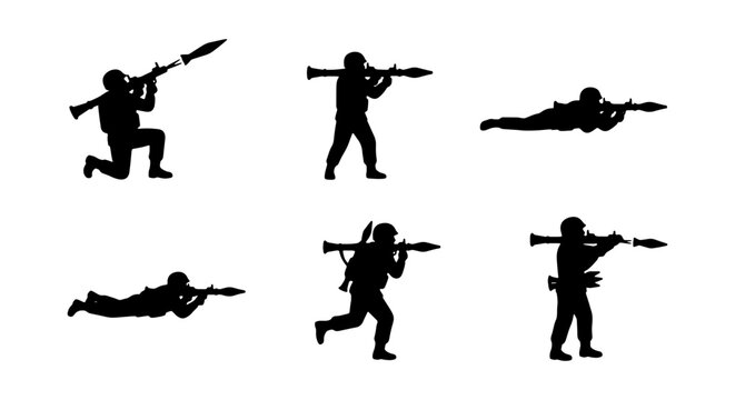 Military soldier silhouettes with rocket launchers, army infantry set of 6 vector icons