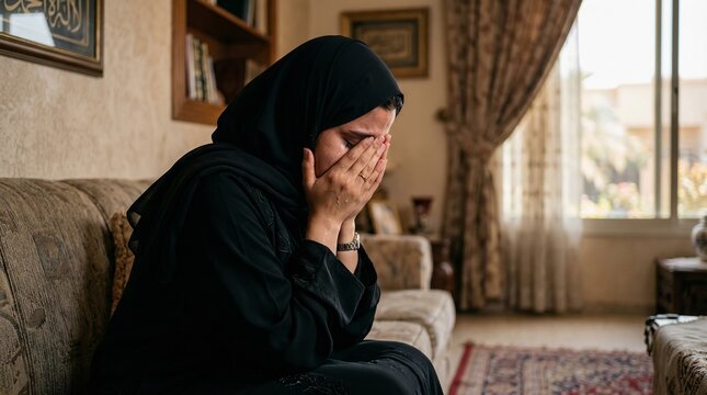 Emotional Muslim woman crying at home while covering face expressing grief sadness and personal struggle