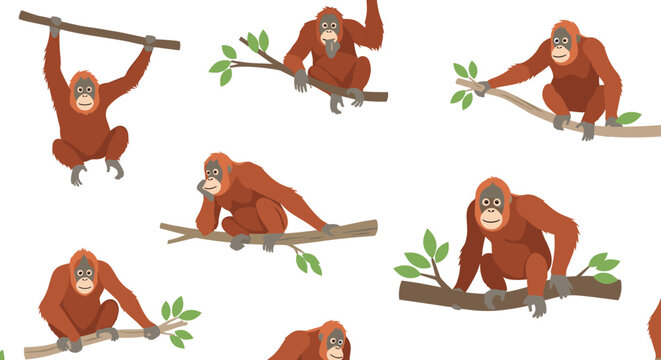 Orangutan seamless pattern features red primates climbing and sitting on tree branches with green leaves for a jungle themed design.