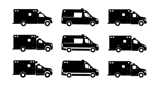 Ambulance silhouette icons set, emergency medical vehicle vector, 9 rescue van symbols
