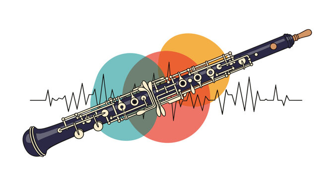Professional oboe musical instrument shown over colorful abstract circles and a sound wave line on white background.