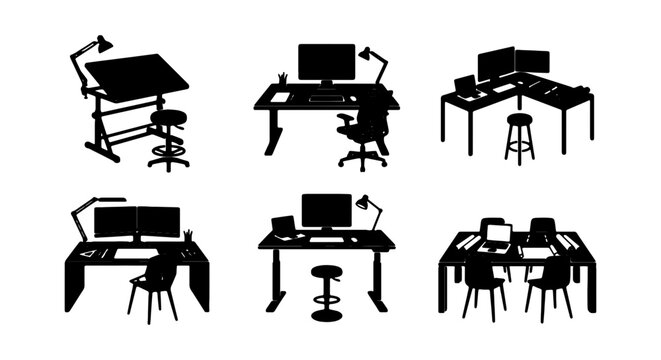 Modern office desk silhouettes, workstation furniture set, computer desk vector icons