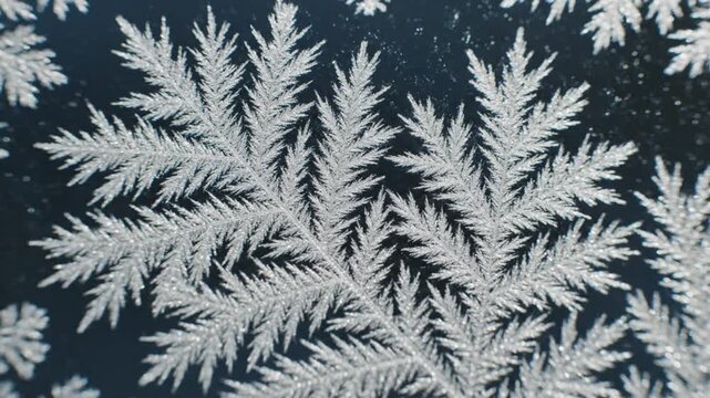 Intricate frost patterns on a dark surface with delicate white crystals