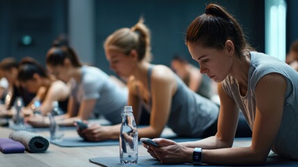 Fototapeta premium Group fitness class with women doing plank exercise and using smartphones and smartwatches for workout tracking with water bottles and mats for fitness app design, poster and background