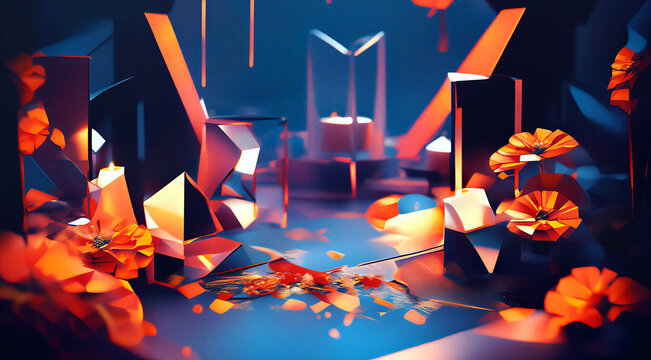Futuristic digital art scene with geometric shapes and glowing flowers in a modern abstract composition