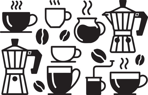 Black and white coffee icons including cups, beans, and brewers on a pure white background