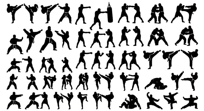 Martial Arts Silhouettes Collection: Dynamic Karate, Kung Fu, and Boxing Poses for Combat Sports and Fitness Graphics