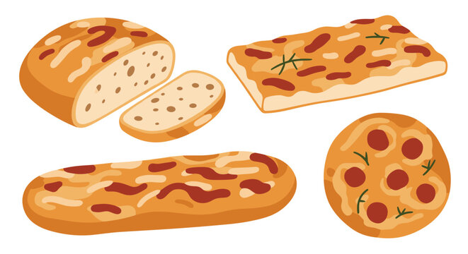 Italian bread illustration set features various types of focaccia and round loaves with detailed crust textures and rosemary toppings.