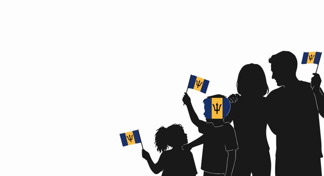 Family holding Barbados flags in silhouette, vector illustration of people waving Caribbean nation flags. Family with kids showing national pride. Concept for travel, tourism, or cultural identity.
