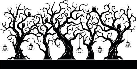 Bare tree silhouettes with owls and lanterns black and white © Peru