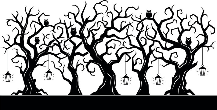 Bare tree silhouettes with owls and lanterns black and white