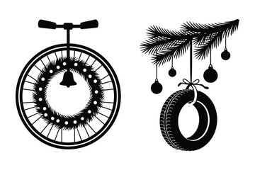 Christmas wreath on unicycle wheel and tire hanging from pine branch with ornaments © Laboni
