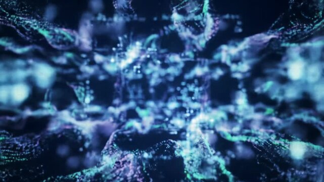 Vast dark digital void with luminous neon particles forming intricate geometric nodes and cybernetic grids. A slow dolly video with subtle zoom, shallow depth of field, volumetric light and soft