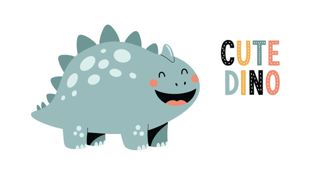 Adorable cartoon stegosaurus dinosaur illustration with spotted back and friendly smile accompanied by colorful text Cute Dino.