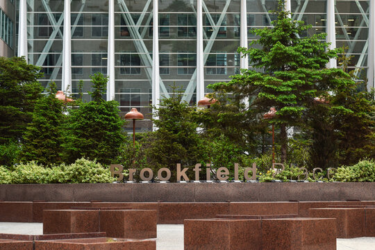Brookfield Place signage in front of a modern glass building in downtown Toronto, showing corporate branding and contemporary urban architecture in a financial district setting in May 2026