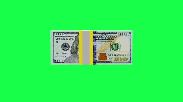 Rotating stack of US one hundred dollar bills bound with a paper band on a bright green chroma key background, 3D render