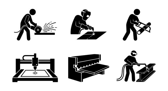 Industrial Metalworking Icons Set: Fabrication, Welding, Cutting, Grinding, Shearing, and Laser Engraving Processes
