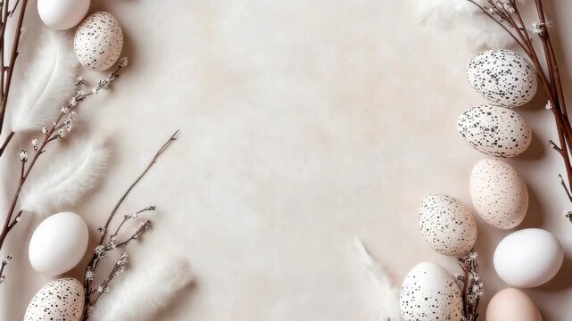 Eggs in different colors are arranged with natural branches on a light background. This setup shows Easter spirit during the spring season. Perfect for decoration ideas