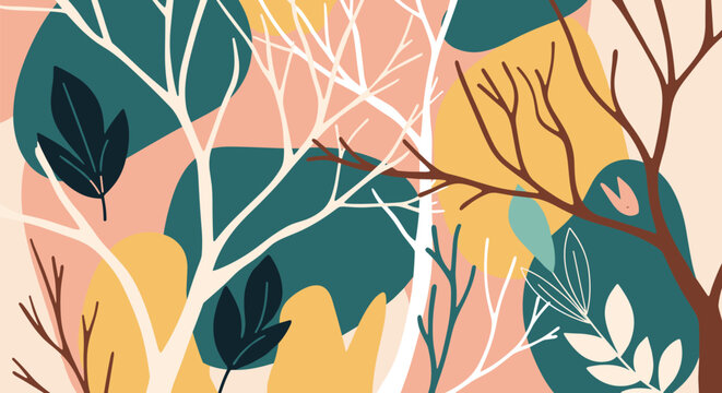 Abstract forest landscape illustration featuring white and brown bare trees with dark leaves over colorful organic shapes.
