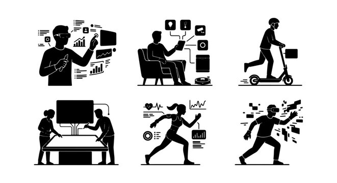 Modern Technology Icons Set: Digital Interaction, VR, Future Mobility, Data Analysis, Fitness Tracking, Smart Devices