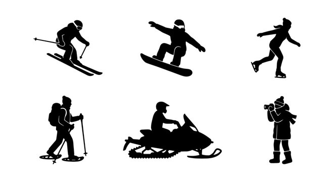 Winter Sports Icons Set: Skiing, Snowboarding, Ice Skating, Snowshoeing, Snowmobiling, Photography Vector Graphics