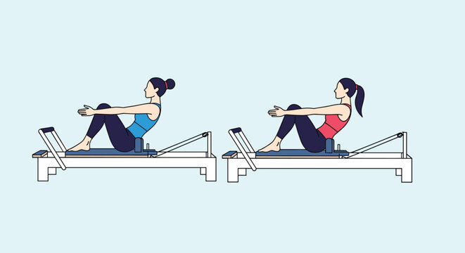 Two women practicing pilates on reformer machines showing a seated core strengthening exercise with their arms extended forward.