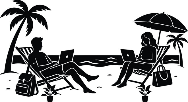 Beach scene silhouette with people working on laptops