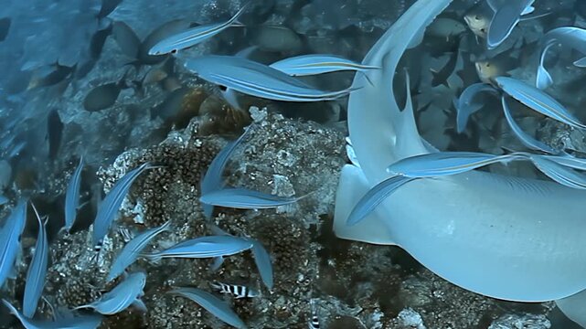 Witness a breathtaking underwater spectacle in Fiji. Graceful nurse sharks glide effortlessly through a vast, shimmering school of fish, with remoras hitching a ride on this vibrant coral reef.