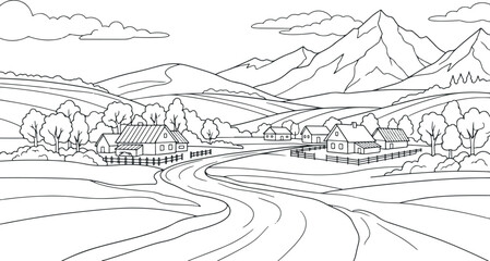 Fototapeta premium A black and white line drawing of a rural landscape with houses and mountains