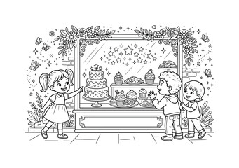 Obraz premium Cheerful scene of children admiring treats through a bakery window, with cakes, cupcakes, flowers, butterflies, and tiny magical