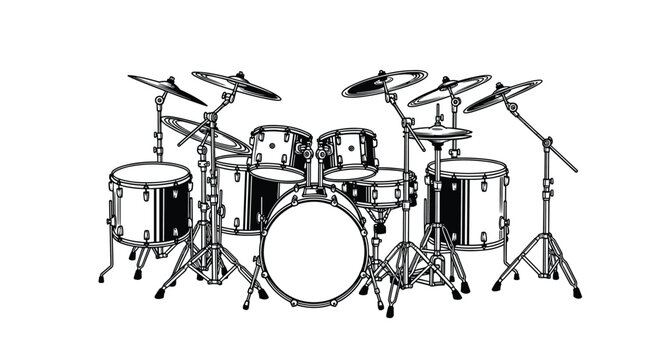 Detailed black and white line art illustration of a complete professional drum kit including various drums cymbals and stands.