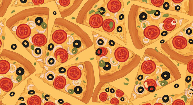 Delicious seamless pattern featuring slices of veggie pizza with tomatoes olives onions and peppers on an orange background.