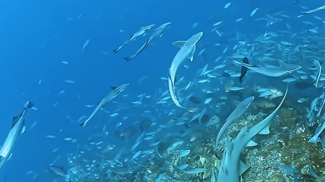Dive into Fiji's vibrant underwater world. Nurse sharks, often with remoras in tow, move gently among a colossal school of shimmering fish over a rocky reef. A stunning portrait of ocean life unfolds.