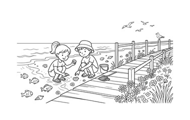 Obraz premium Children hunting for seashells along a beach boardwalk with flowers, seagulls, and fish in shallow water, black and white line