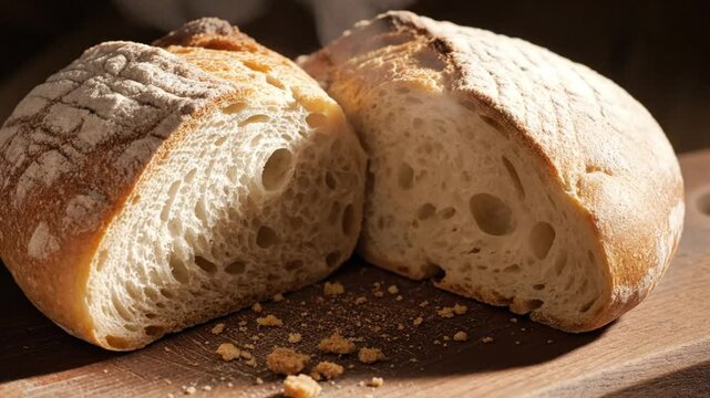 Freshly baked artisan bread loaf cut open showing the airy interior texture and rustic details