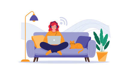 Obraz premium Young woman sitting cross-legged on a comfortable blue sofa working on a laptop with her cat resting beside her.