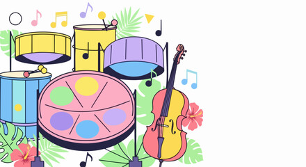 Naklejka premium Colorful musical instruments with flowers and music notes, vector illustration for music education. for branding, packaging, banner, poster, website header, and social media design use