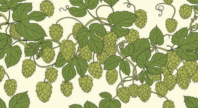 Seamless pattern featuring green hop cones and leaves on vines on a light cream background for brewery and beer themes.