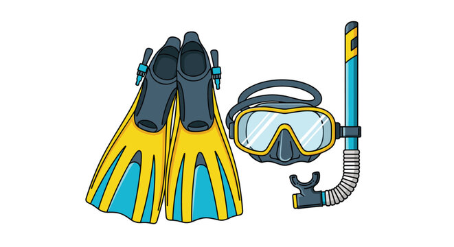 Detailed set of snorkeling gear featuring a yellow and blue diving mask and snorkel with a pair of matching flippers.