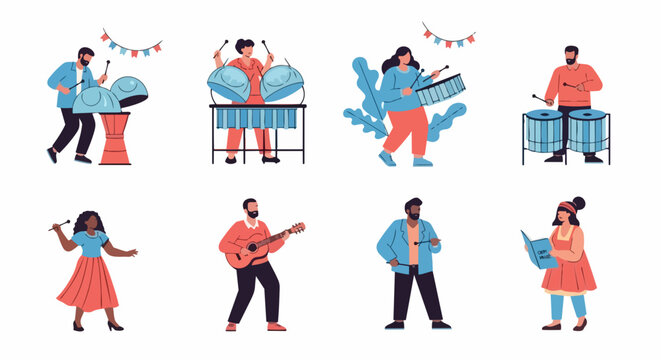 Colorful party people dancing and playing music together in vector illustration. Fun lively scene with musicians and dancers. for party invitations and event promotions.
