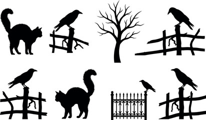 Fototapeta premium halloween silhouettes of black cats ravens and bare tree