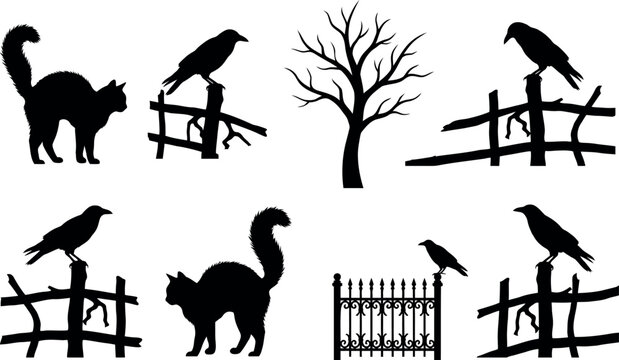 halloween silhouettes of black cats ravens and bare tree