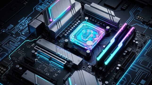 Modern computer electronics hardware with neon lights and cyber tech data, processor chip platform, microchip cpu technology,