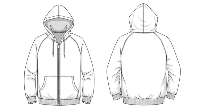 Technical fashion illustration of a basic zip-up hoodie showing the front and back views in a white line drawing.