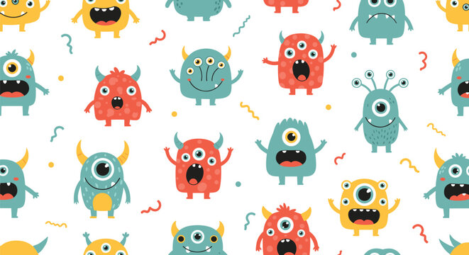 Fun and colorful seamless pattern featuring various cute monster characters with multiple eyes and horns on a white background for kids.