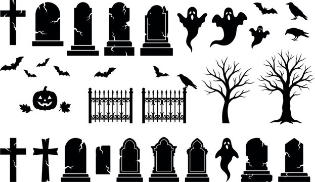 Halloween graveyard elements vector illustration with tombstones and spooky shapes