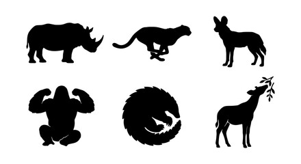 African Wildlife Silhouettes: Rhino, Cheetah, Hyena, Gorilla, Pangolin, Antelope © Hasna