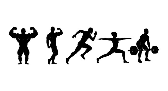 Fitness Silhouettes: Bodybuilder, Runner, Yogi, Weightlifter, Athlete Icons